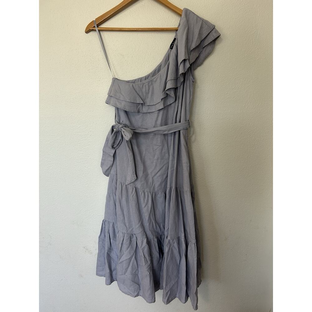 Nicole Miller One Shoulder Linen Blend Dress Sz M Lavender Tiered Asymmetrical